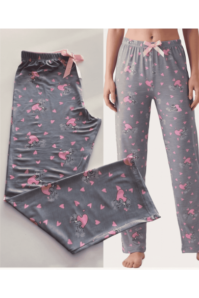 Viskon Gri Pembe Desenli Kadın Pijama Altı